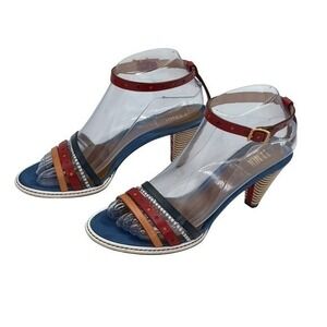 VTG Fendi Vintage 90s y2k Color Block Leather Ankle Strap Sandal Stacked Heel